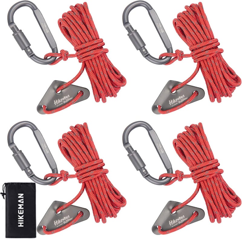 HIKEMAN 4 Pack Camping Rope with Locking Carabiner Clip,4mm Reflective Guy Lines with Triangular Guyline Adjuster Tensioner,Nylon Cord for Tent Tarp Tie Down,Hiking,Backpacking - Image 1